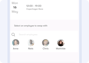 Screenshot of a grocery retailer's supermarket software app showcasing the 'swap shifts' workforce management function for Monday, 16 July, on the left. On the right, an internal chat message between store manager Su and employee Jonas, discussing an early shift start.