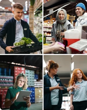 Supermarket employees utilizing tamigo's workforce management software for efficient scheduling and communication in the grocery retail industry. 