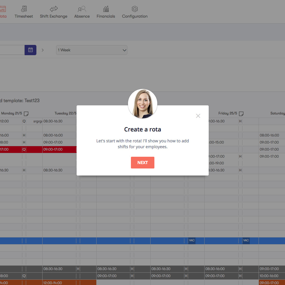 Screenshot of tamigo's remote software support with the help wizard guiding users on the schedule section of their efficient workforce management tool. The wizard provides step-by-step instructions to create a rota and add shifts for employees.